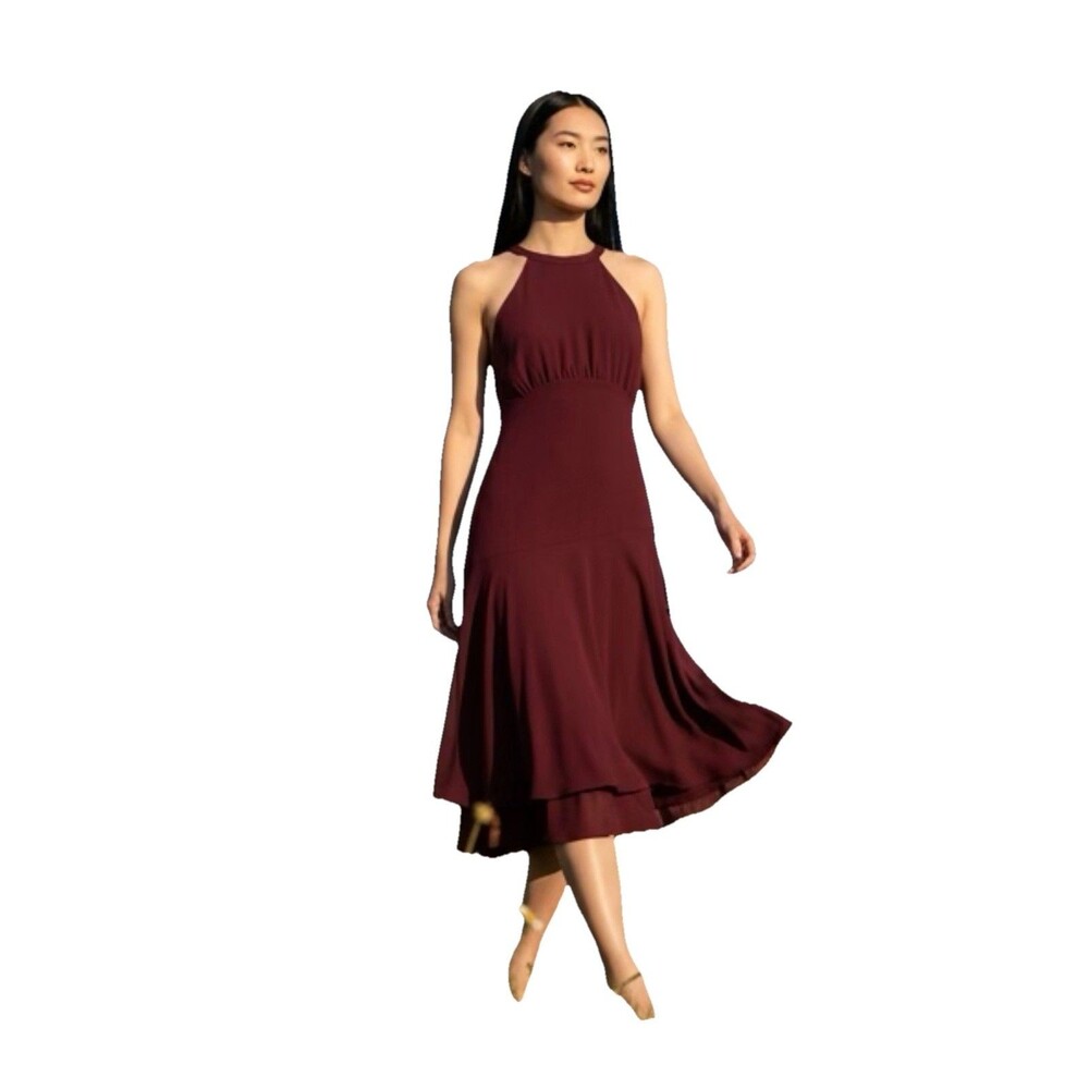 Donna Morgan Catalina Crepe Halter Whimsical Midi‎ Dress  Oxblood 14